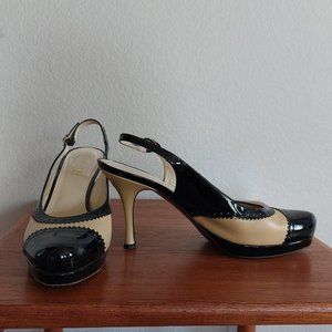Amalfi Tan Leather & Black Patent Leather Sling-Back Platform Pumps